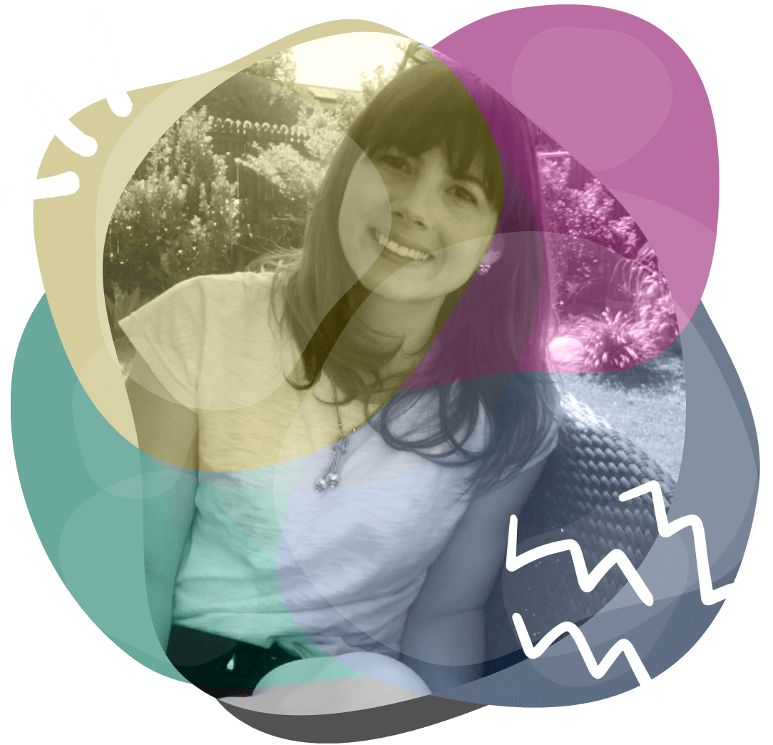 profile image of Katja G, black and white photo in a circle with colourful illustrative graphics