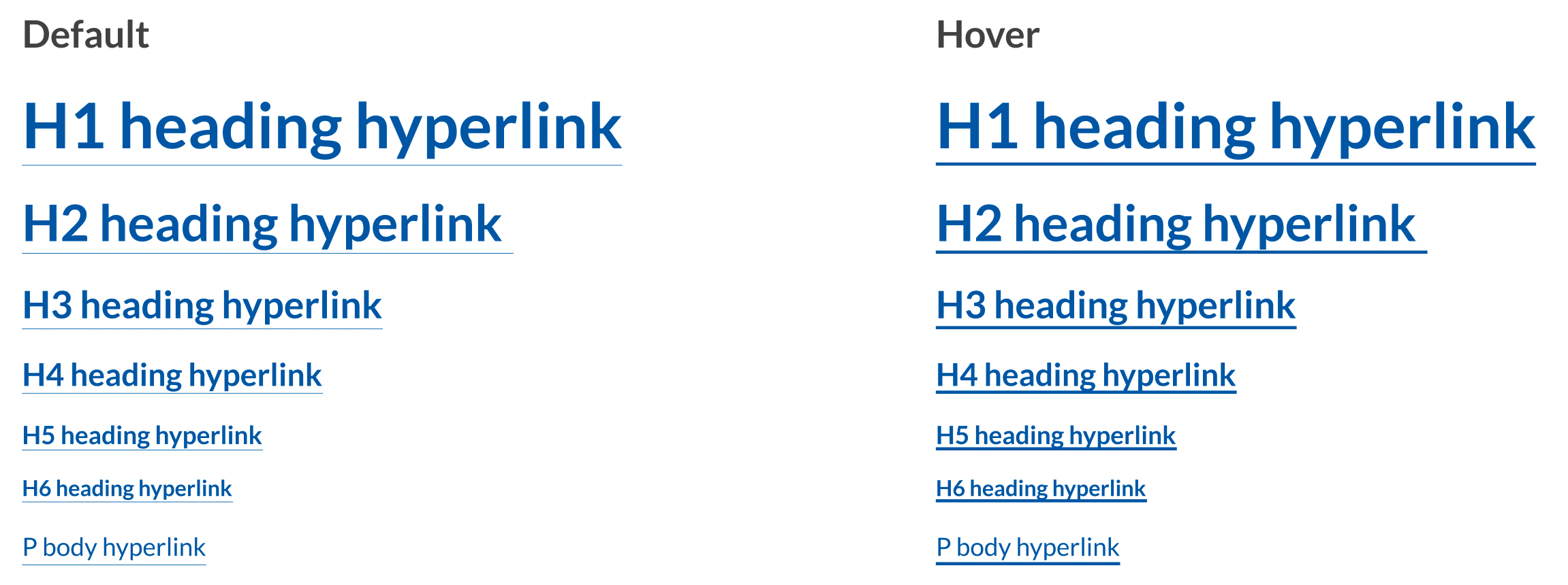 Hyperlink designs in default and hover state for different sized text