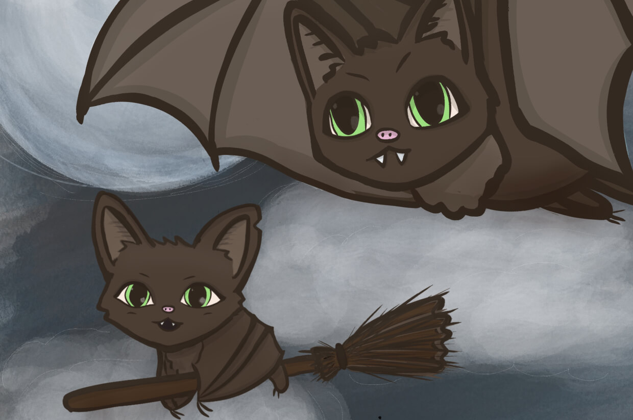 illustration of adult and baby bat, baby bat is flying on broom