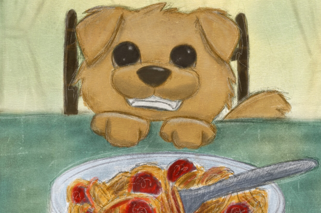 Sketch of a dog at a table with a big bowl of pasta