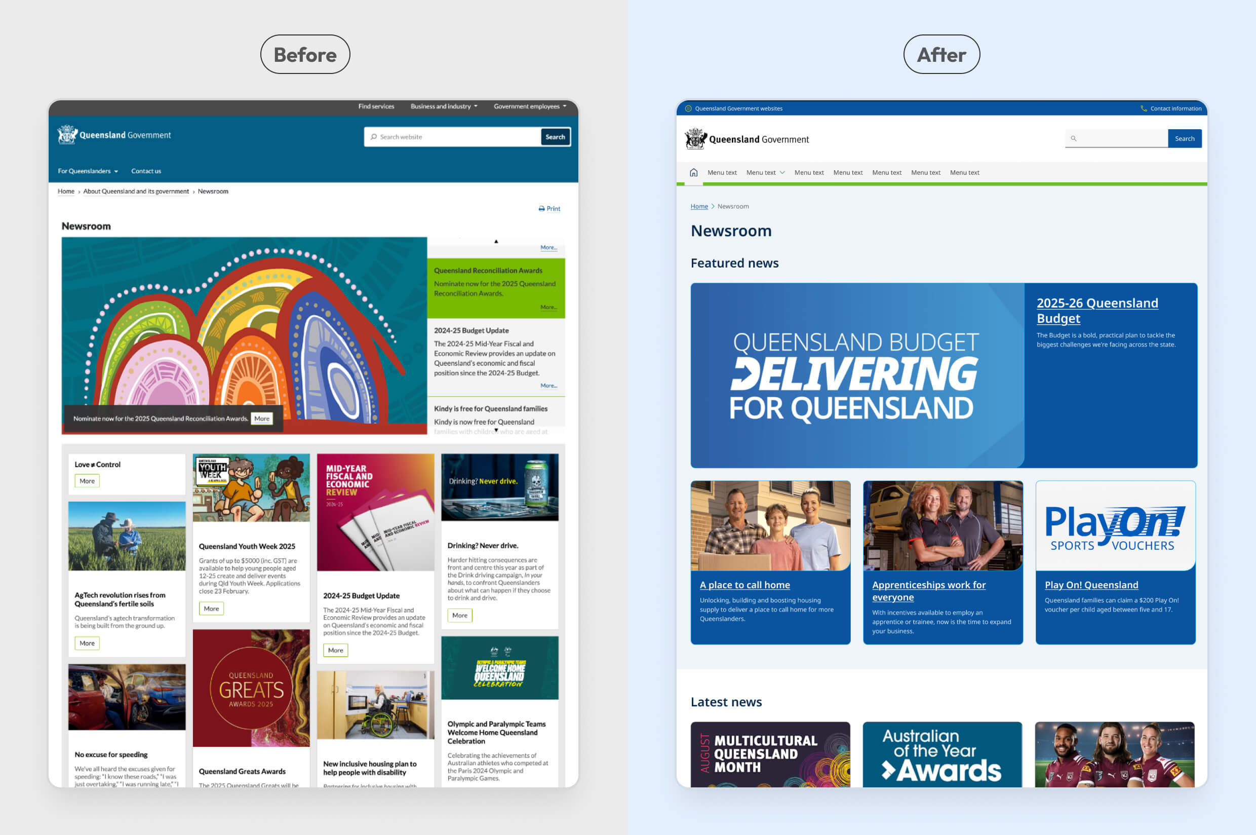 Newsroom template before and after redesign
