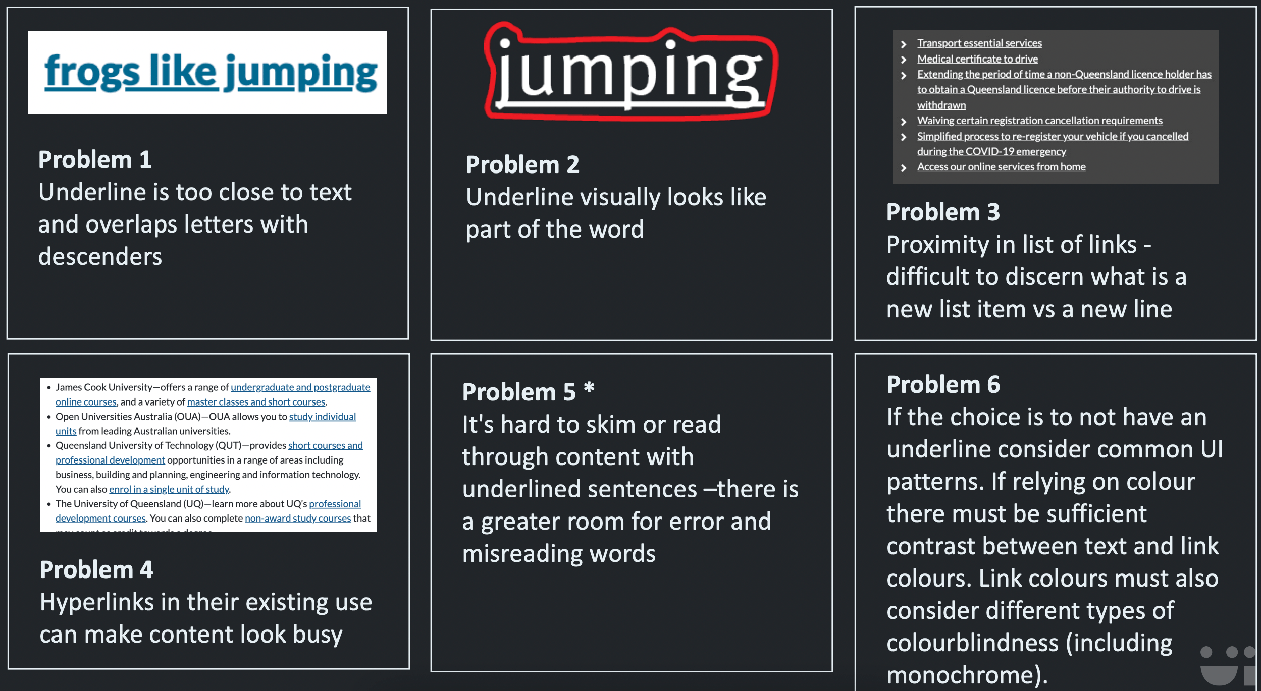 List of root causes for how underlines create reading problems